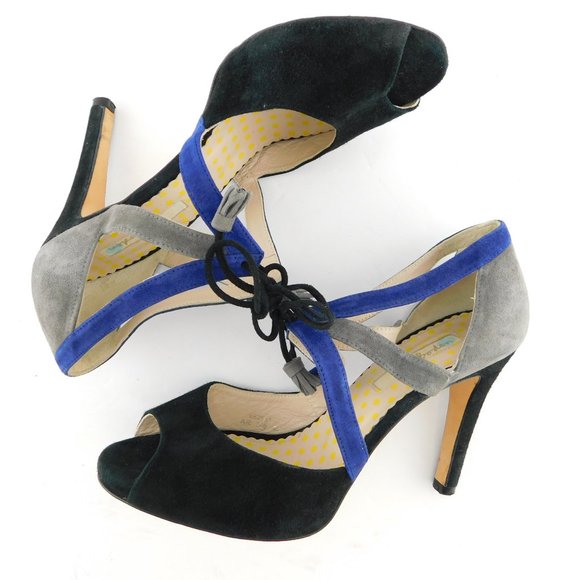 BODEN Black Gray Blue Suede Leather Tassel Tie Ankle Caged Heel Pumps 39 - Picture 6 of 10